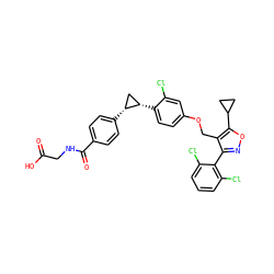 O=C(O)CNC(=O)c1ccc([C@@H]2C[C@@H]2c2ccc(OCc3c(-c4c(Cl)cccc4Cl)noc3C3CC3)cc2Cl)cc1 ZINC000115372248