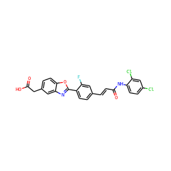 O=C(O)Cc1ccc2oc(-c3ccc(/C=C/C(=O)Nc4ccc(Cl)cc4Cl)cc3F)nc2c1 ZINC000028524787