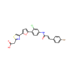 O=C(O)Cc1nc(-c2ccc(-c3ccc(NC(=O)/C=C/c4ccc(Br)cc4)cc3Cl)o2)cs1 ZINC000003938335