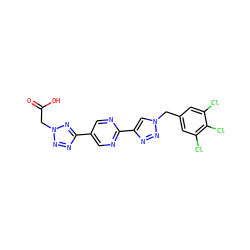 O=C(O)Cn1nnc(-c2cnc(-c3cn(Cc4cc(Cl)c(Cl)c(Cl)c4)nn3)nc2)n1 ZINC000073163814