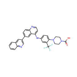 O=C(O)N1CCN(c2ccc(Nc3ccnc4ccc(-c5cnc6ccccc6c5)cc34)cc2C(F)(F)F)CC1 ZINC000064549473