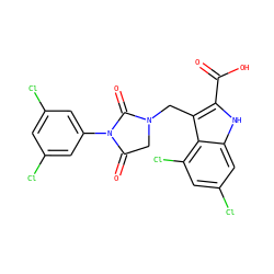 O=C(O)c1[nH]c2cc(Cl)cc(Cl)c2c1CN1CC(=O)N(c2cc(Cl)cc(Cl)c2)C1=O ZINC000013492837