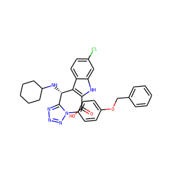 O=C(O)c1[nH]c2cc(Cl)ccc2c1[C@@H](NC1CCCCC1)c1nnnn1-c1ccc(OCc2ccccc2)cc1 ZINC001772610565
