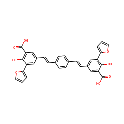 O=C(O)c1cc(/C=C/c2ccc(/C=C/c3cc(C(=O)O)c(O)c(-c4ccco4)c3)cc2)cc(-c2ccco2)c1O ZINC000044358761