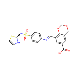 O=C(O)c1cc(/C=N/c2ccc(S(=O)(=O)N[C@H]3NC=CS3)cc2)c2c(c1)COCO2 ZINC000008781283
