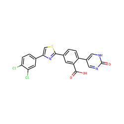O=C(O)c1cc(-c2nc(-c3ccc(Cl)c(Cl)c3)cs2)ccc1-c1cnc(=O)[nH]c1 ZINC000204956165