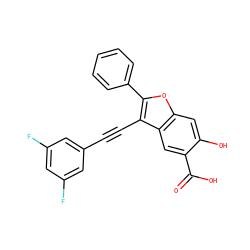 O=C(O)c1cc2c(C#Cc3cc(F)cc(F)c3)c(-c3ccccc3)oc2cc1O ZINC000095597373