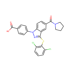 O=C(O)c1ccc(-n2nc(Sc3c(Cl)cccc3Cl)c3cc(C(=O)N4CCCC4)ccc32)cc1 ZINC001772624259