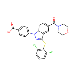 O=C(O)c1ccc(-n2nc(Sc3c(Cl)cccc3Cl)c3cc(C(=O)N4CCOCC4)ccc32)cc1 ZINC001772654764