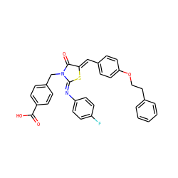 O=C(O)c1ccc(CN2C(=O)/C(=C/c3ccc(OCCc4ccccc4)cc3)S/C2=N\c2ccc(F)cc2)cc1 ZINC001772613381