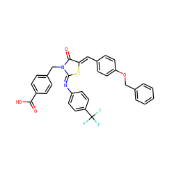 O=C(O)c1ccc(CN2C(=O)/C(=C/c3ccc(OCc4ccccc4)cc3)S/C2=N\c2ccc(C(F)(F)F)cc2)cc1 ZINC000084603541