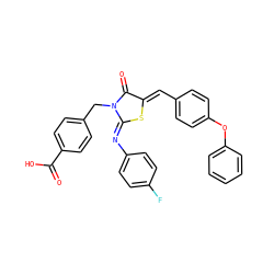O=C(O)c1ccc(CN2C(=O)/C(=C/c3ccc(Oc4ccccc4)cc3)S/C2=N\c2ccc(F)cc2)cc1 ZINC001772592217
