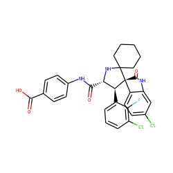 O=C(O)c1ccc(NC(=O)[C@@H]2NC3(CCCCC3)[C@@]3(C(=O)Nc4cc(Cl)ccc43)[C@H]2c2cccc(Cl)c2F)cc1 ZINC000205352061