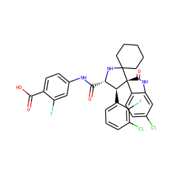 O=C(O)c1ccc(NC(=O)[C@@H]2NC3(CCCCC3)[C@@]3(C(=O)Nc4cc(Cl)ccc43)[C@H]2c2cccc(Cl)c2F)cc1F ZINC000205364218