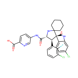 O=C(O)c1ccc(NC(=O)[C@@H]2NC3(CCCCC3)[C@@]3(C(=O)Nc4cc(Cl)ccc43)[C@H]2c2cccc(Cl)c2F)cn1 ZINC000169700264