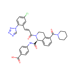 O=C(O)c1ccc(NC(=O)[C@@H]2c3cccc(C(=O)N4CCCCC4)c3CCN2C(=O)/C=C/c2cc(Cl)ccc2-n2cnnn2)cc1 ZINC001772576743