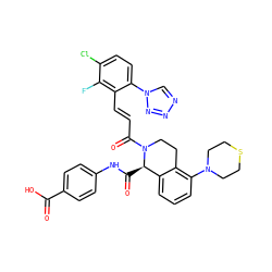O=C(O)c1ccc(NC(=O)[C@@H]2c3cccc(N4CCSCC4)c3CCN2C(=O)/C=C/c2c(-n3cnnn3)ccc(Cl)c2F)cc1 ZINC001772604069