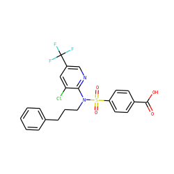 O=C(O)c1ccc(S(=O)(=O)N(CCCc2ccccc2)c2ncc(C(F)(F)F)cc2Cl)cc1 ZINC000113160206