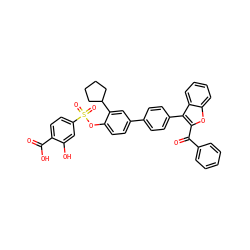 O=C(O)c1ccc(S(=O)(=O)Oc2ccc(-c3ccc(-c4c(C(=O)c5ccccc5)oc5ccccc45)cc3)cc2C2CCCC2)cc1O ZINC000003981796