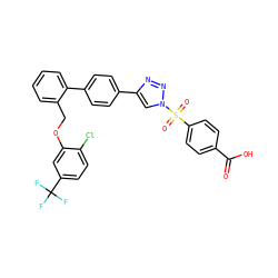 O=C(O)c1ccc(S(=O)(=O)n2cc(-c3ccc(-c4ccccc4COc4cc(C(F)(F)F)ccc4Cl)cc3)nn2)cc1 ZINC000084654552