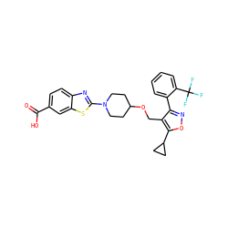 O=C(O)c1ccc2nc(N3CCC(OCc4c(-c5ccccc5C(F)(F)F)noc4C4CC4)CC3)sc2c1 ZINC000200467897