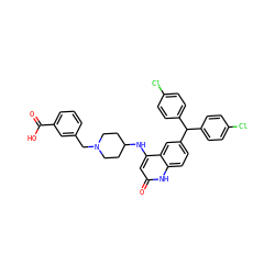 O=C(O)c1cccc(CN2CCC(Nc3cc(=O)[nH]c4ccc(C(c5ccc(Cl)cc5)c5ccc(Cl)cc5)cc34)CC2)c1 ZINC001772609840