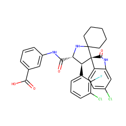 O=C(O)c1cccc(NC(=O)[C@@H]2NC3(CCCCC3)[C@@]3(C(=O)Nc4cc(Cl)ccc43)[C@H]2c2cccc(Cl)c2F)c1 ZINC000169700271