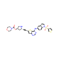 O=C(O[C@H]1CN[C@H](C#Cc2cc3ncnc(Nc4ccc5c(ccn5S(=O)(=O)c5ccsc5)c4)c3s2)C1)N1CCOCC1 ZINC000049844717