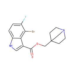 O=C(OCC12CCN(CC1)CC2)c1c[nH]c2ccc(F)c(Br)c12 ZINC001772587348