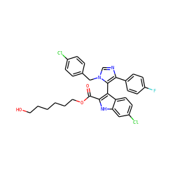 O=C(OCCCCCCO)c1[nH]c2cc(Cl)ccc2c1-c1c(-c2ccc(F)cc2)ncn1Cc1ccc(Cl)cc1 ZINC001772652622