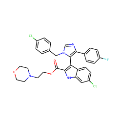 O=C(OCCN1CCOCC1)c1[nH]c2cc(Cl)ccc2c1-c1c(-c2ccc(F)cc2)ncn1Cc1ccc(Cl)cc1 ZINC001772579337