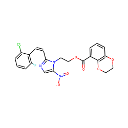 O=C(OCCn1c([N+](=O)[O-])cnc1/C=C\c1c(F)cccc1Cl)c1cccc2c1OCCO2 ZINC000169337277