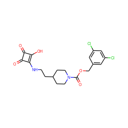 O=C(OCc1cc(Cl)cc(Cl)c1)N1CCC(CCNc2c(O)c(=O)c2=O)CC1 ZINC000217397789