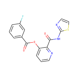 O=C(Oc1cccnc1C(=O)Nc1nccs1)c1cccc(F)c1 ZINC000013521939