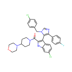O=C(c1[nH]c2cc(Cl)ccc2c1-c1c(-c2ccc(F)cc2)ncn1Cc1ccc(Cl)cc1)N1CCC(N2CCOCC2)CC1 ZINC001772638683