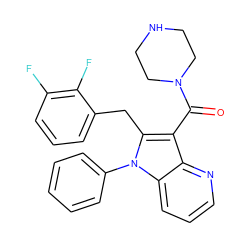 O=C(c1c(Cc2cccc(F)c2F)n(-c2ccccc2)c2cccnc12)N1CCNCC1 ZINC000072184182