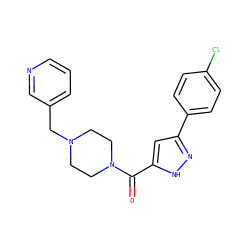 O=C(c1cc(-c2ccc(Cl)cc2)n[nH]1)N1CCN(Cc2cccnc2)CC1 ZINC000054724507