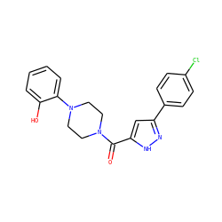 O=C(c1cc(-c2ccc(Cl)cc2)n[nH]1)N1CCN(c2ccccc2O)CC1 ZINC000071317770