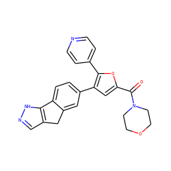 O=C(c1cc(-c2ccc3c(c2)Cc2cn[nH]c2-3)c(-c2ccncc2)o1)N1CCOCC1 ZINC000064510735