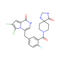 O=C(c1cc(Cc2c[nH]c(=O)c3cc(Cl)c(Cl)n23)ccc1F)N1CCC2(CC1)NCNC2=O ZINC000084382911