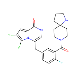 O=C(c1cc(Cc2c[nH]c(=O)c3cc(Cl)c(Cl)n23)ccc1F)N1CCC2(CCCN2)CC1 ZINC000045385497