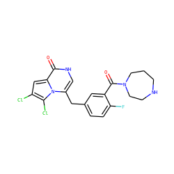 O=C(c1cc(Cc2c[nH]c(=O)c3cc(Cl)c(Cl)n23)ccc1F)N1CCCNCC1 ZINC000045365974