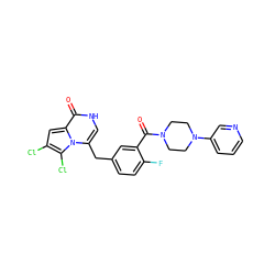 O=C(c1cc(Cc2c[nH]c(=O)c3cc(Cl)c(Cl)n23)ccc1F)N1CCN(c2cccnc2)CC1 ZINC000045386348