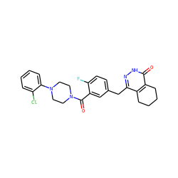 O=C(c1cc(Cc2n[nH]c(=O)c3c2CCCC3)ccc1F)N1CCN(c2ccccc2Cl)CC1 ZINC000146850526