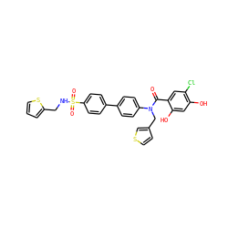 O=C(c1cc(Cl)c(O)cc1O)N(Cc1ccsc1)c1ccc(-c2ccc(S(=O)(=O)NCc3cccs3)cc2)cc1 ZINC000653672867