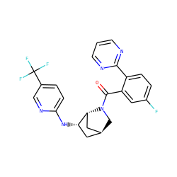 O=C(c1cc(F)ccc1-c1ncccn1)N1C[C@H]2C[C@H](Nc3ccc(C(F)(F)F)cn3)[C@H]1C2 ZINC000261084934