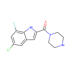 O=C(c1cc2cc(Cl)cc(F)c2[nH]1)N1CCNCC1 ZINC000084756885