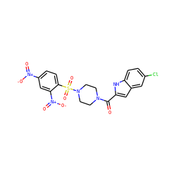 O=C(c1cc2cc(Cl)ccc2[nH]1)N1CCN(S(=O)(=O)c2ccc([N+](=O)[O-])cc2[N+](=O)[O-])CC1 ZINC000013864317