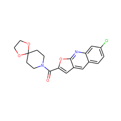 O=C(c1cc2cc3ccc(Cl)cc3nc2o1)N1CCC2(CC1)OCCO2 ZINC000004101459