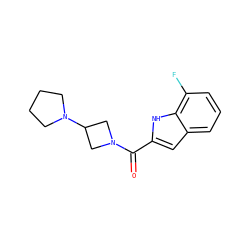 O=C(c1cc2cccc(F)c2[nH]1)N1CC(N2CCCC2)C1 ZINC000084759589